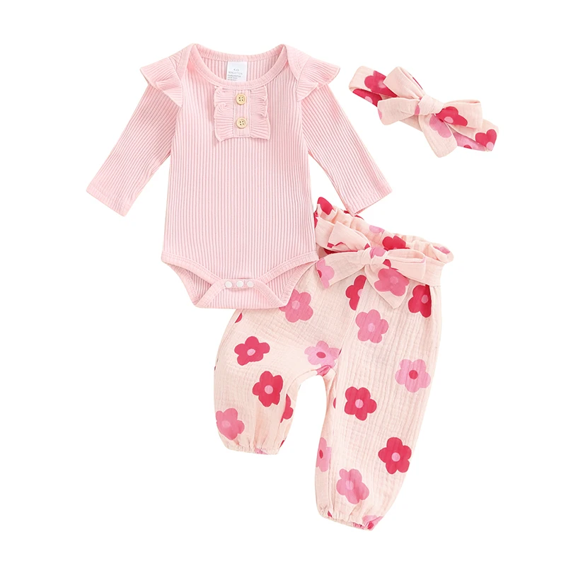 

Baby Girls 3Pcs Fall Outfits Long Sleeve Ribbed Romper Floral Pants Headband Set Infant Clothes