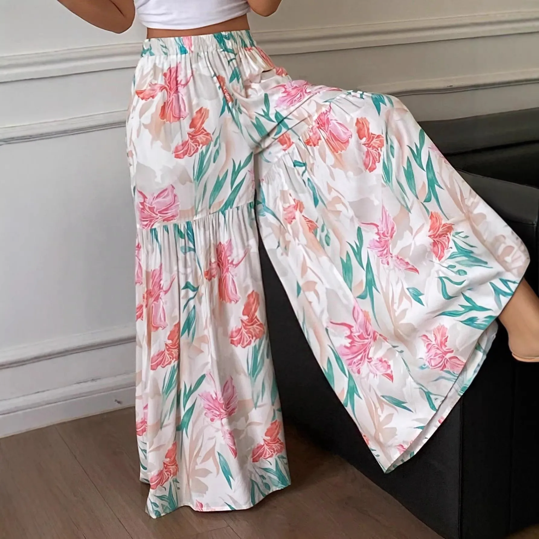 Loose Fit Full Length Long Pants Sweet Fresh with Spring Printed Pattern Lightweight Slightly Stretchy Elastic Waist Women Pants