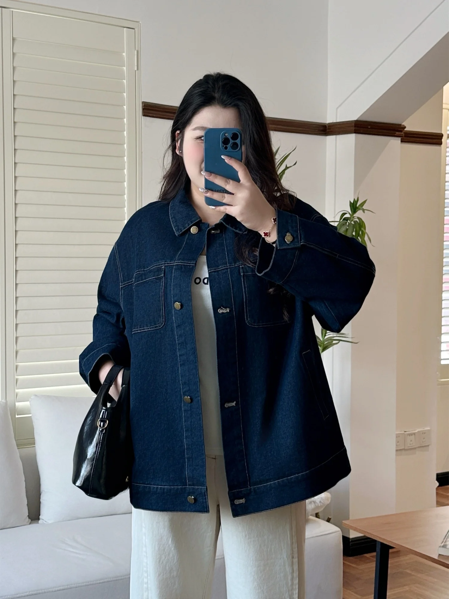 

Casual Long Sve Collar Denim Jaet plus Size Women's Spring New Sle Retro Sle Comfortable Cotton Polyester Blend