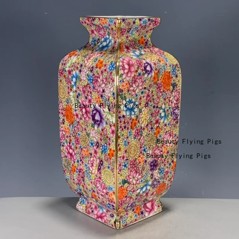 Ceramic antique porcelain enamel color ten thousand flower color gold patterned square vase home decoration ornament