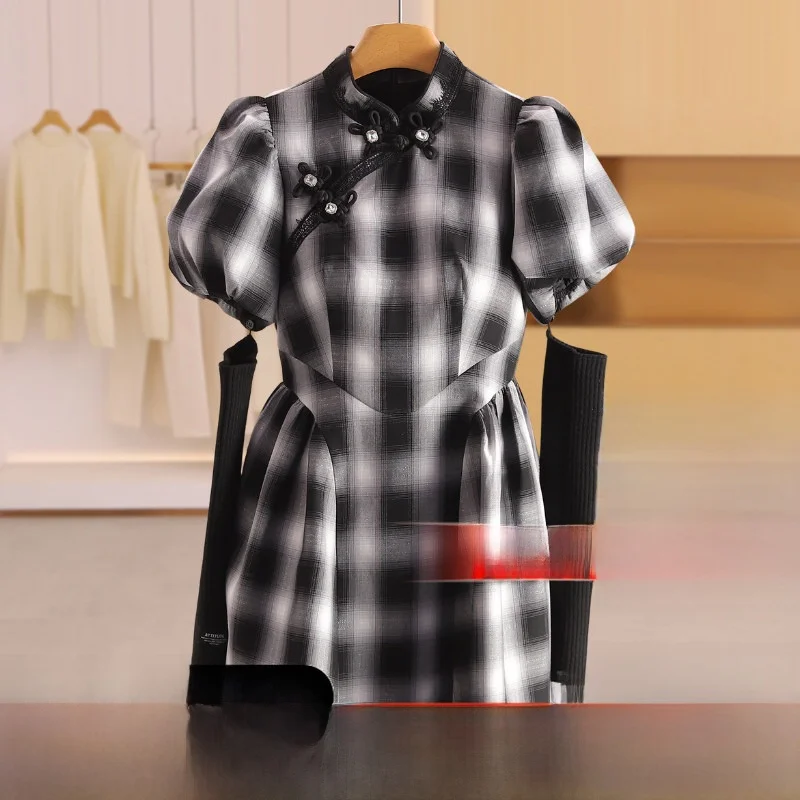 

Платье-ципао Ele Plaid Svel с отстегивающейся юбкой, 599 юаней, для молодых женщин, зимнее, повседневное, с узором, полиэстер