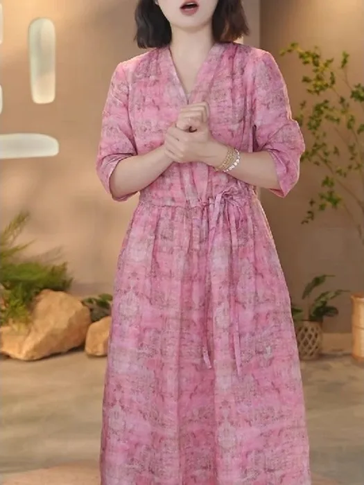 Efecto adelgazante algodón Lino V-Ne Tie cintura suelta talla grande irt Dr coreano Sle cintura ajustable A-Line falda