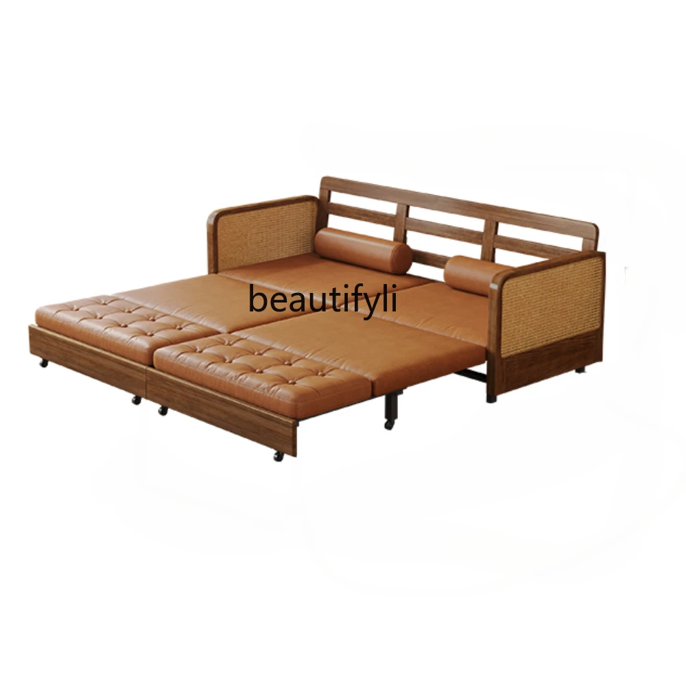 Sofa Bed Foldable Dual-Purpose Nordic Solid Wood Living Room Multifunctional Double Folding Sofa