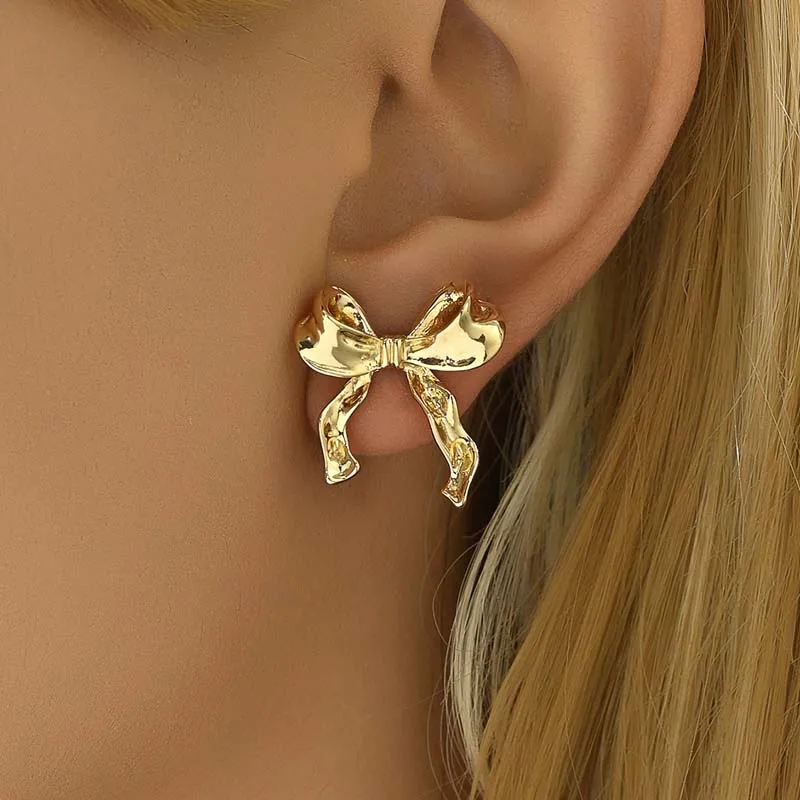 Fashion Gold Color Bow Stud Nail Earrings For Women Elegant Cute Bow Knot Piercing Earrings Jewelry Accessories Gift