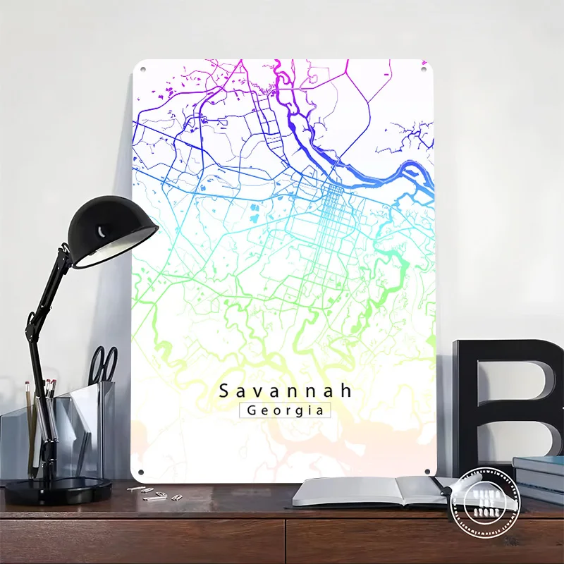 Savannah Georgia City Map 3D Texture Metal Poster Customized Wall Art Tin Sign Gift for Mancave Garage Accessories Decor Luxury