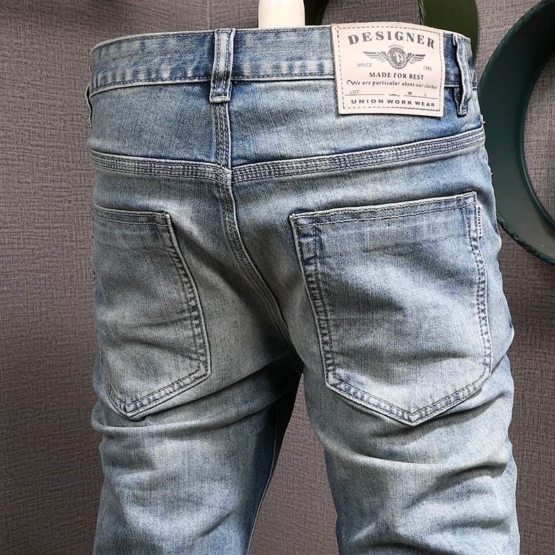 Italian Style Fashion Men Jeans Retro Light Blue Elastic Slim Fit Ripped Jeans Men Trousers Vintage Designer Denim Pants Hombre