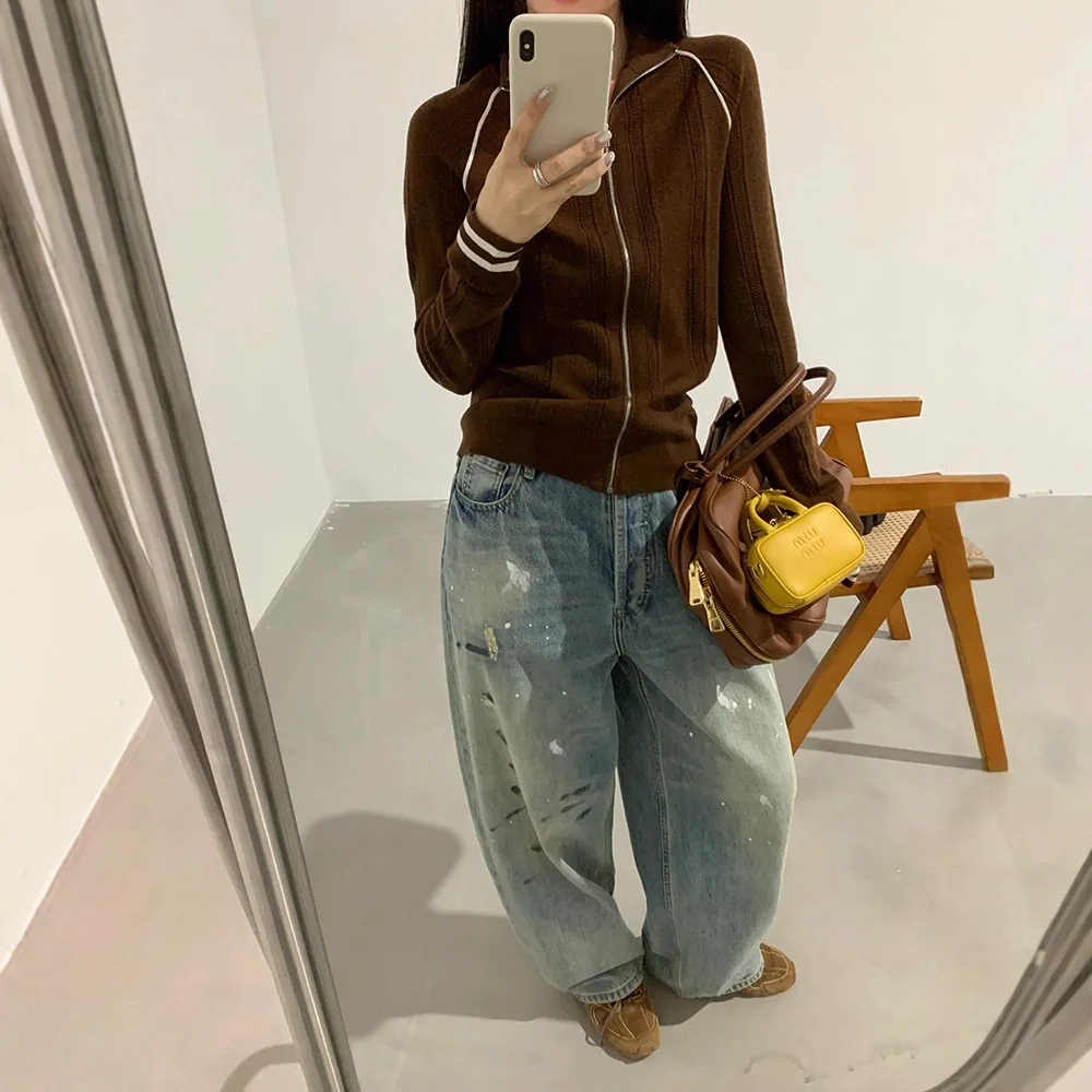 

8219 Miao Sese Color-Block Jacket Autum Witer Half High Collar Ragla Sleeve Embroidered Letters Hollow Double Zipper