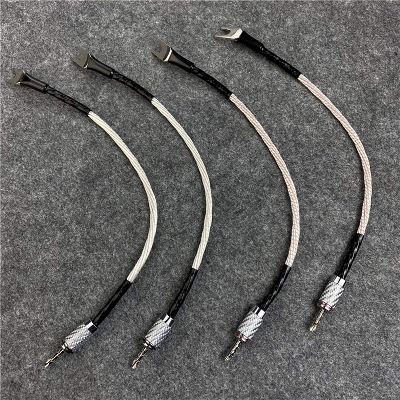 Hi-end 4Pcs Silver Plated Speaker Jumper Cable Micro Space Copper HiFi Audio Line Carbon Fibre Banana To Spade Plug