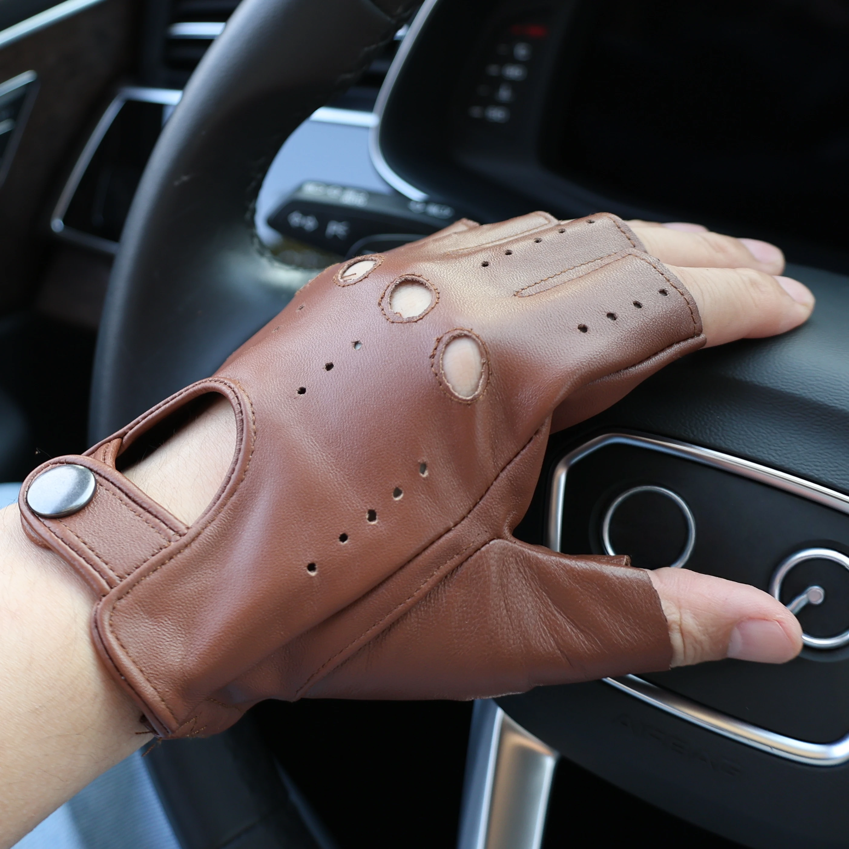 Herren Fingerlose Halbfinger-Lederhandschuhe Leder-Schafsfell Outdoor-Handschuhe für Männer – Detail 3