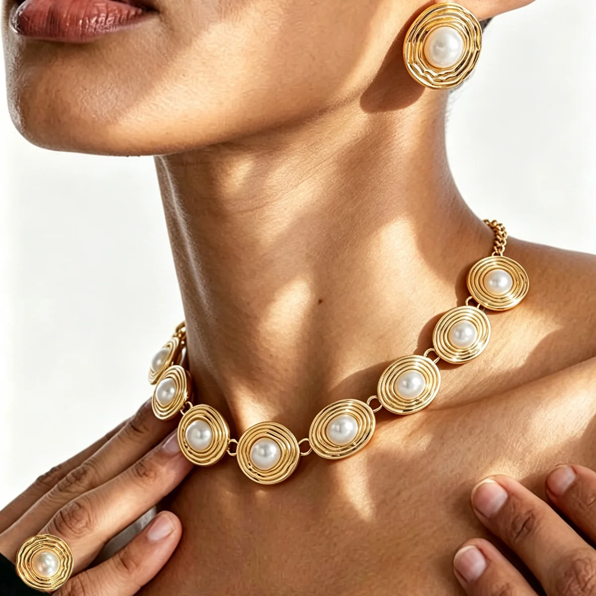 Abstract Ripple Ring Disc Faux Pearl Choker Necklace Match Earrings Ring Set Modern Chic Runway Accent Statement Jewelry Women