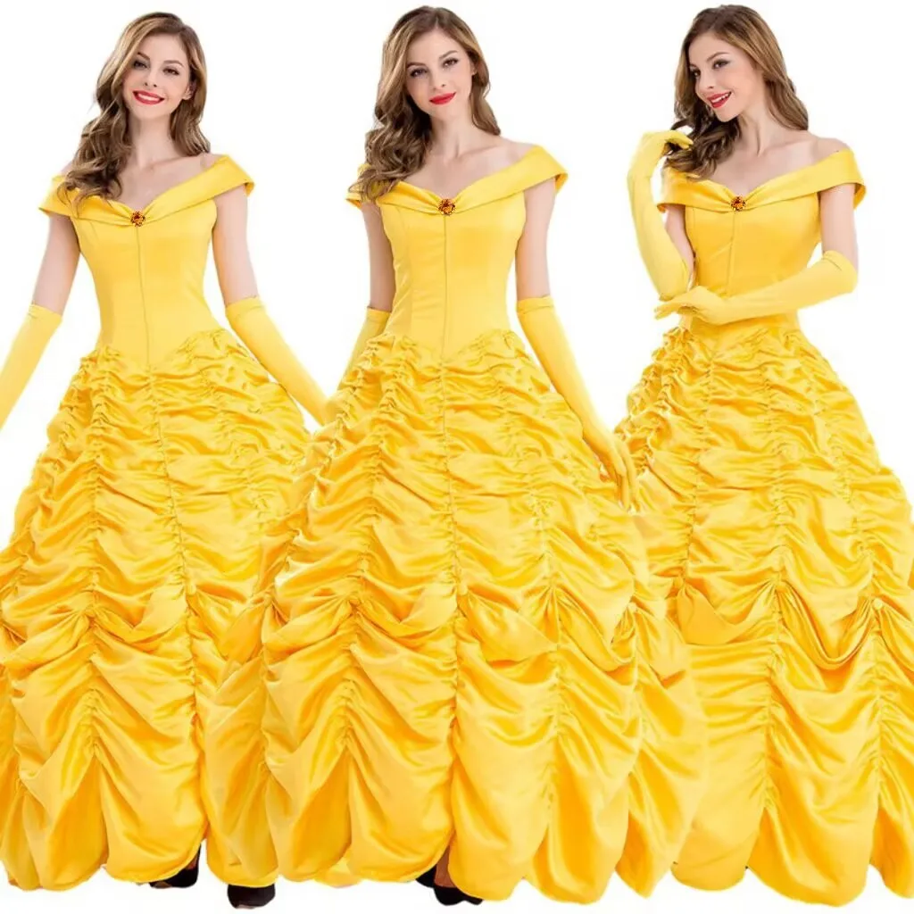 Yellow Princess Dress Cosplay Costume Women Sleeveless V-neck Cake Skirt