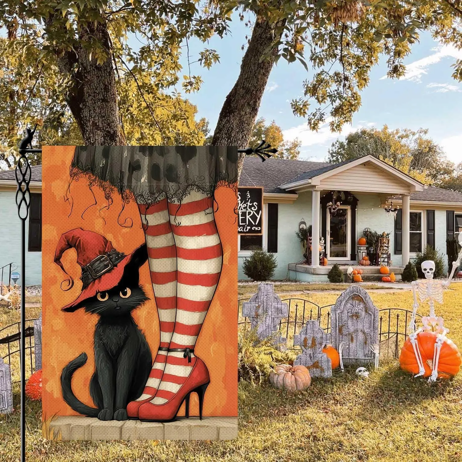 Witch's Black Cat Garden Flag Halloween Holiday Garden Flag Vertical Double Sided Rustic Farmland Burlap Yard Lawn Outdo UUL EEZ