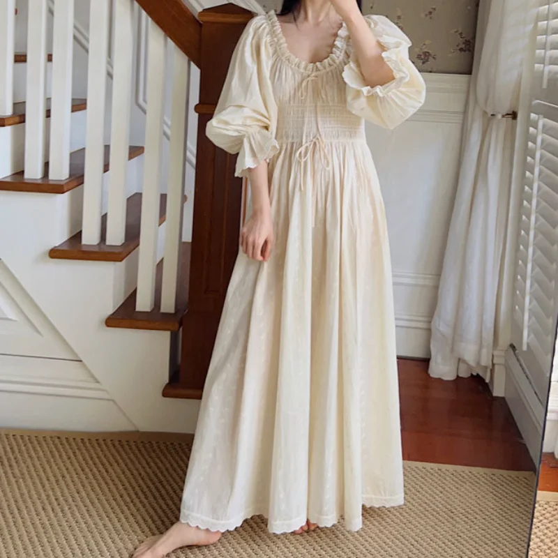 Pure Cotton Victorian Night Dress Women Sweet Embroidery Long Peignoir Robe Princess Nightwear Sexy Sleepwear Vintage Nightgown