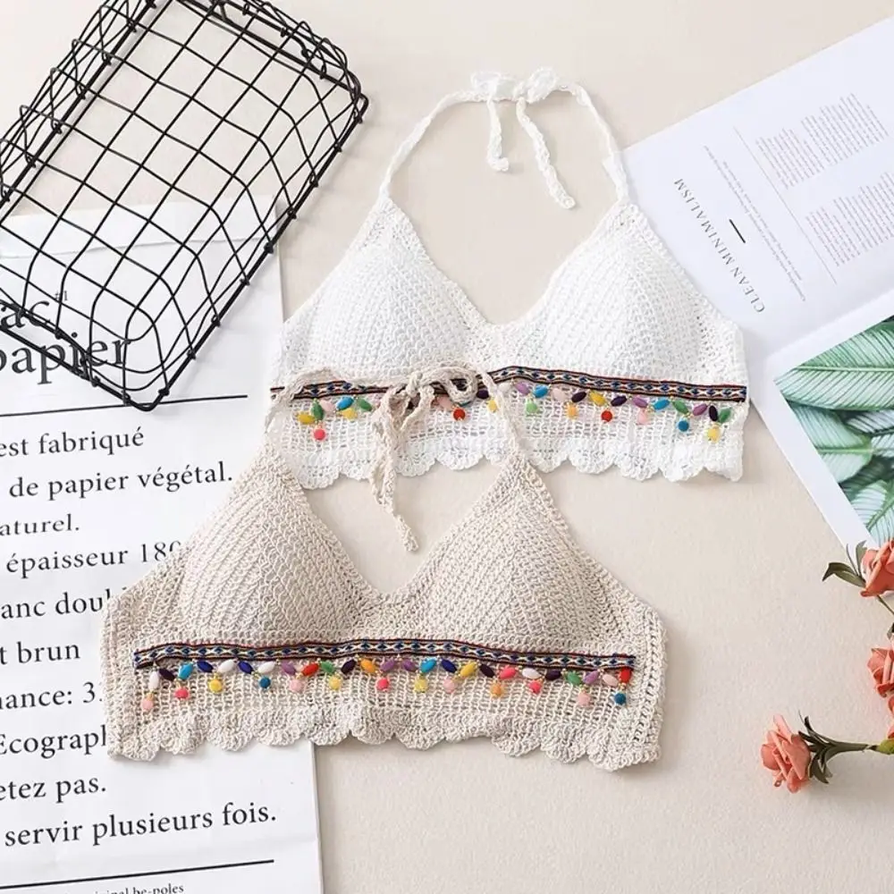 Summer Sleeveless Female Crochet Camisole V Neck Short Bohemian Style Vest Tassel Hot Tops Knitting Crop Tops Girls