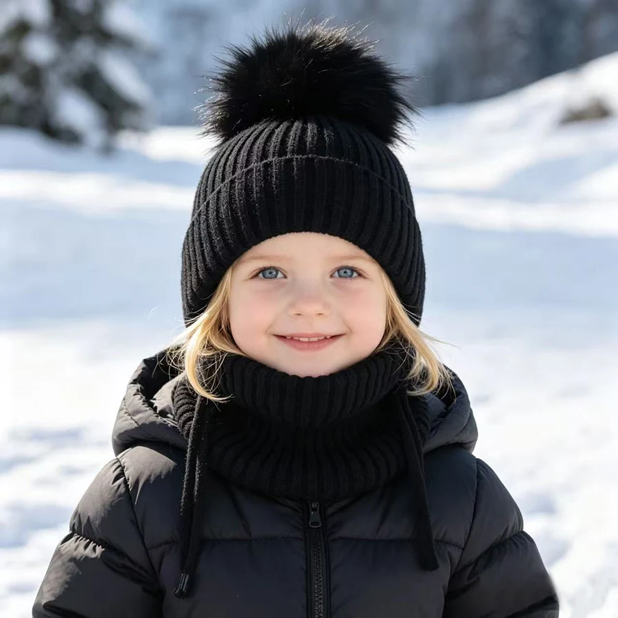 Winter-Wollmütze mit Nackenschutz 2-teiliges Set Echte Fuchsfell-Mütze für Kinder Jungen Mädchen Dicke Fleece Warme Gestrickte Gestreifte Ohrenklappe Baby Skullies Mütze – Detail 3