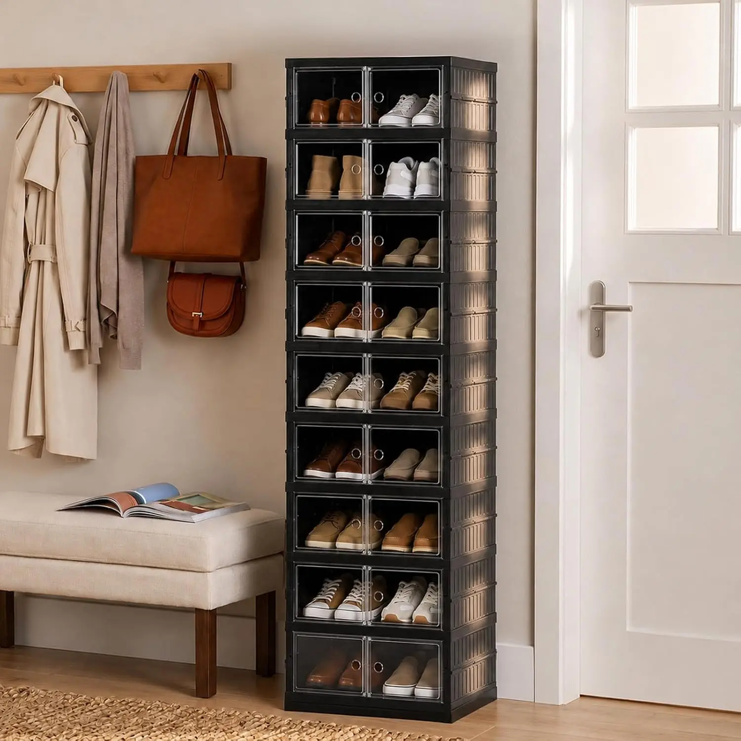 9 Tier Foldable Shoe Rack Plastic Storage Cabinet with Clear Doors, Customized