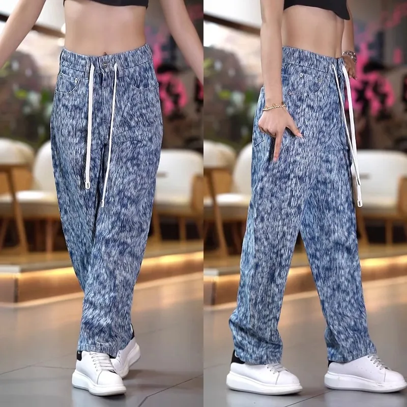 

Fashionable American Retro Embroidered Jeans Loose Casual Men's Pants Elastic Waist Nine Points Straight Leg Cotton Blend