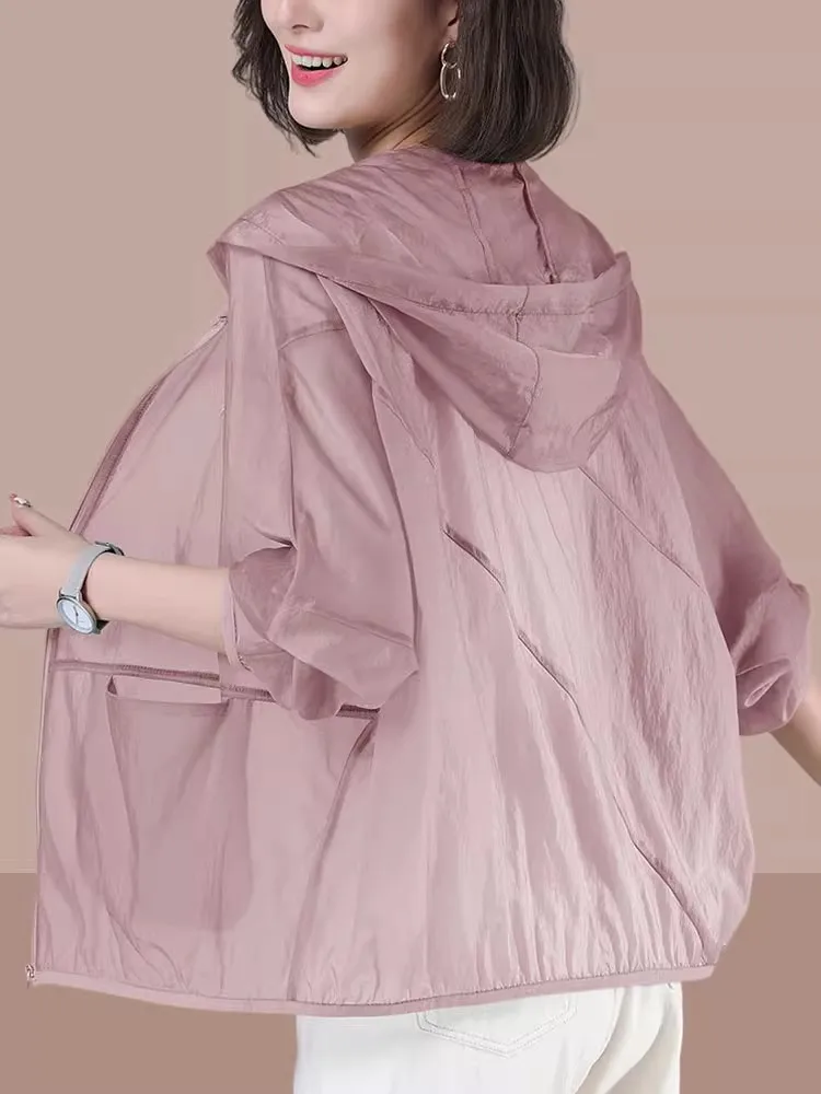 

Женская летняя модная верхняя одежда из ледяного шелка с УФ-защитой, охлаждающая, дышащая, больших размеров, свободного кроя, на молнии, длинная