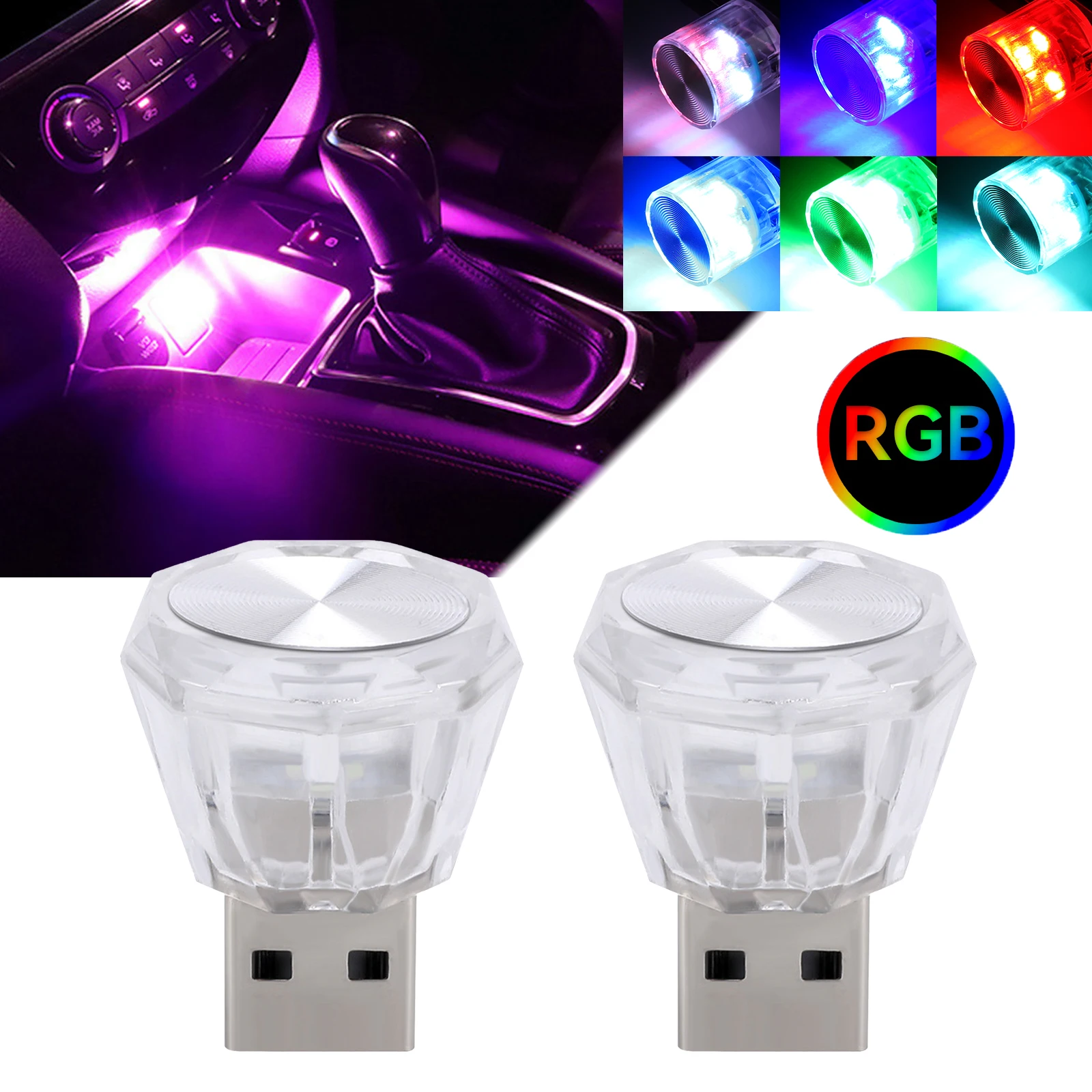 2x Mini USB Ambient Light LED RGB Decorative Bulb Dynamic Atmosphere Lamp Portable Auto Interior Light Home PC Laptop Lighting
