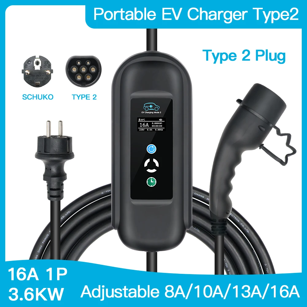 Cargador EV portátil para uso doméstico, enchufe eléctrico Schuko para coche, carga rápida con Cable de 5m, Tipo 2 16A 1P ajustable IEC 62196