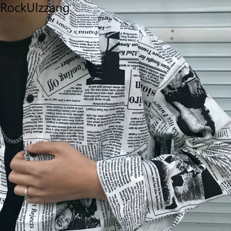 Three Quarter Sleeve Turn Collar Graffiti Newspaper Blouse Button Shirt Punk Hip Hop Streetwear Harajuku Plaid Top Japanese Men