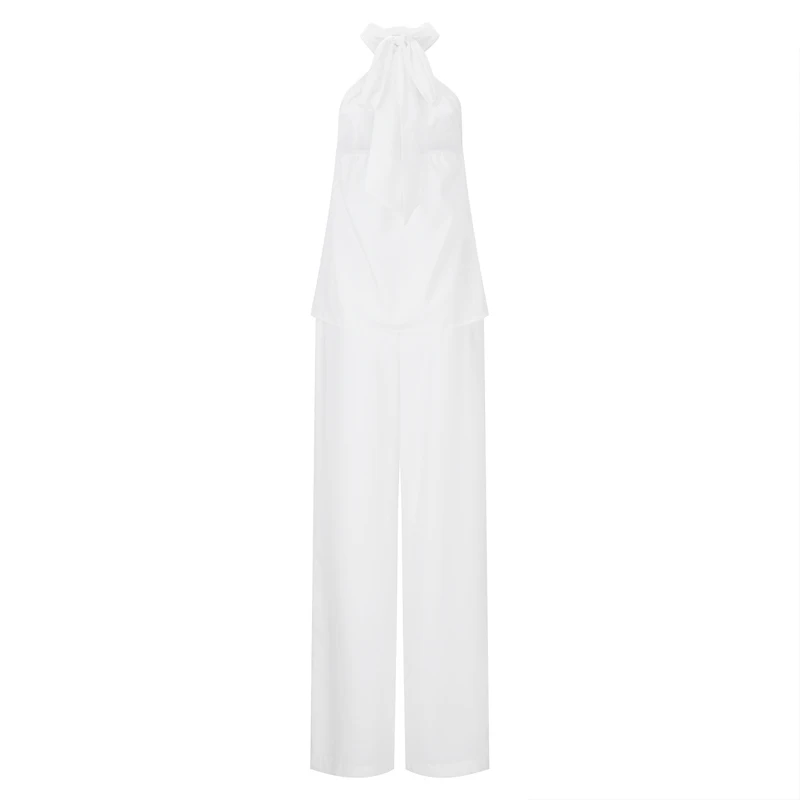 Fashion Women’s 2 Pieces Outfits Criss Cross Halter Neck Bow Tie Back Tank Top Long Wide Leg Pants Set White Chiffon Clothes