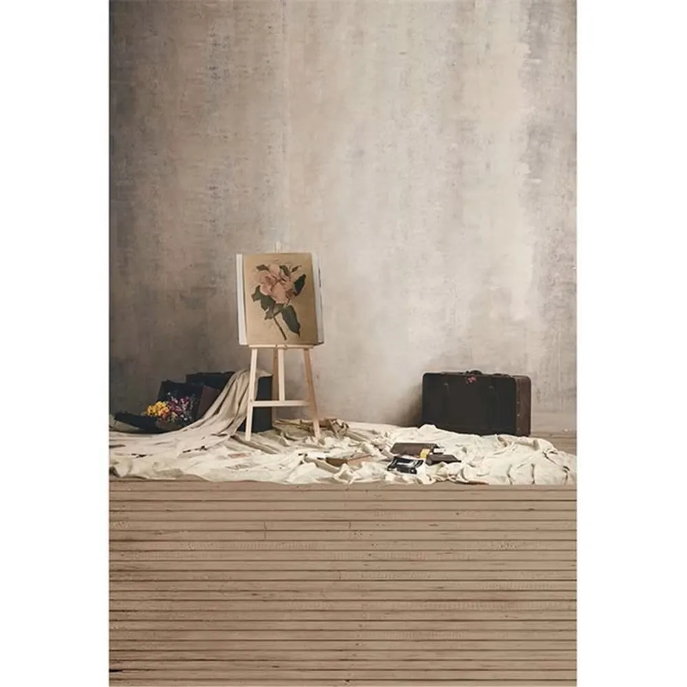 Indoor Wedding Photography Backdrops Vintage Wall Printed Floral Painting Suitcases Baby Kids Photo Studio Background Wood Floor