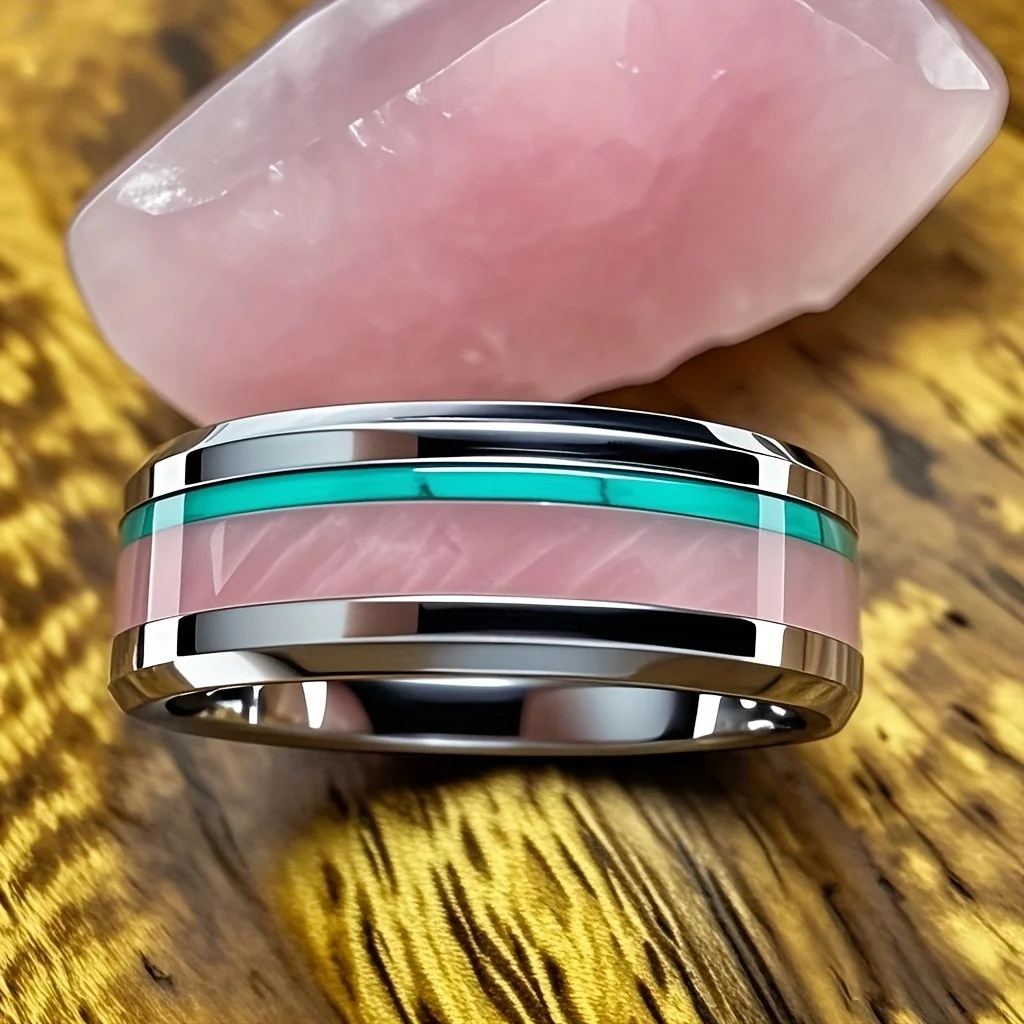 Groothandel 8MM Bohemen Stijl Vrouwen Roestvrij Stalen Ringen voor Mannen Unieke ROSE QUARTZ Inlay Gepolijst Wedding Band Sieraden Festival