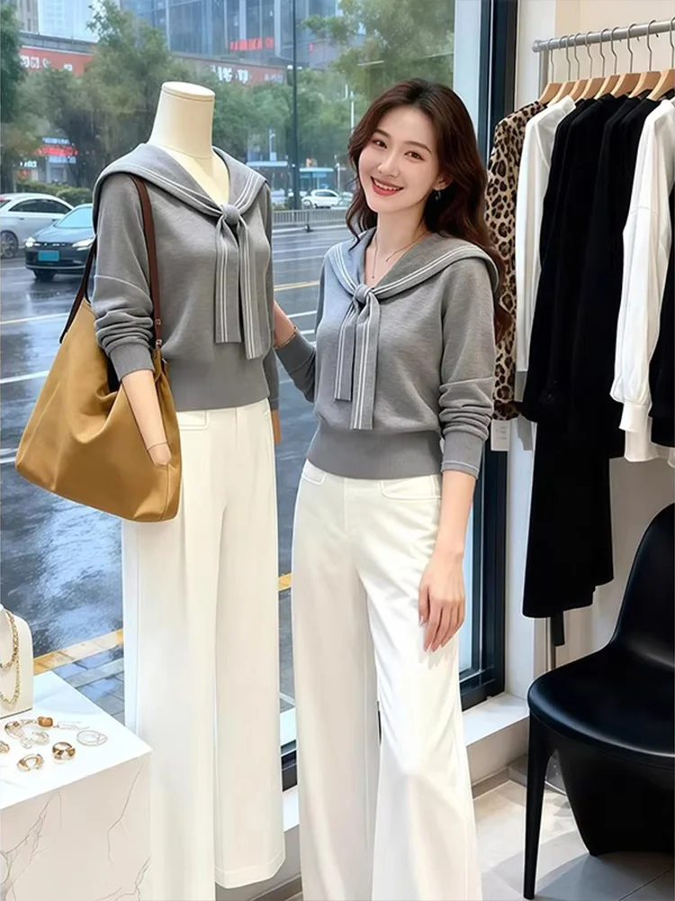 

Navy Collar Knitted Sweater High Waist Wide Leg Pants Set Women's Casual Commute Slimming Fashion Spring Summer Outfit