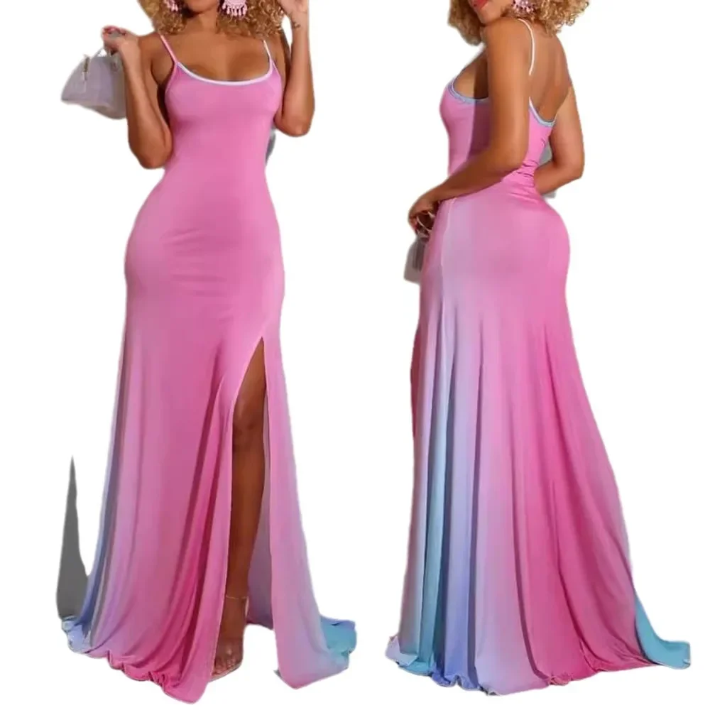 Women's Pink Gradient Sleeveless Split Long Dress High Waist Long Dress Summer Sexy Floor Length O Neck