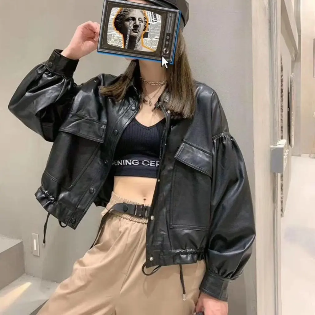 

Black Small Leather Jacket K-Style Motorcycle Short European Station Spring Fall Fashion Women's Outerwear