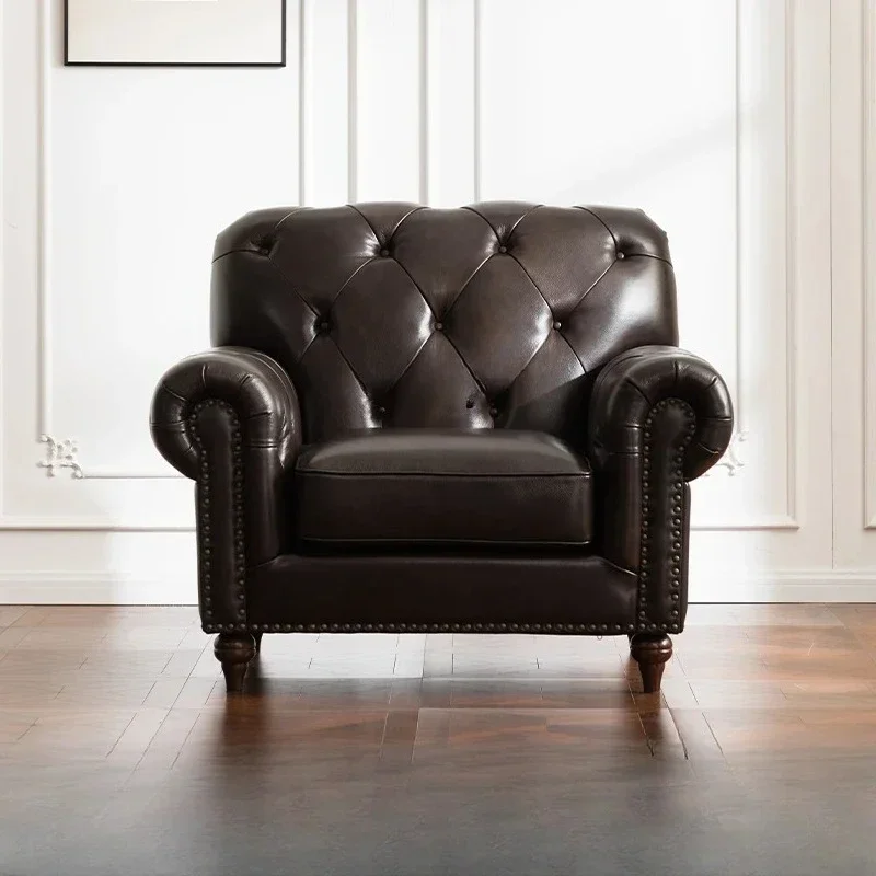 American Sofa Leather Living Room Retro Pull Buckle Straight Row Single Furniture Light Luxury Leather Sofa of Solid Wood