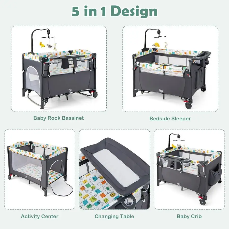 حزمة وتشغيل 5 في 1، نائمة بجانب السرير للأطفال مع سرير، سرير متعدد الوظائف بجانب السرير من حديثي الولادة إلى الأطفال الصغار، حفاضات على شكل أمريكي تشان