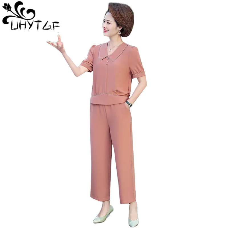 

UHYTGF Fashion Women's Suit Short Sleeve T-Shirt Summer Two Piece Sets Female Outifits Casual Wide Leg Pants Ladies Suits 5XL 49