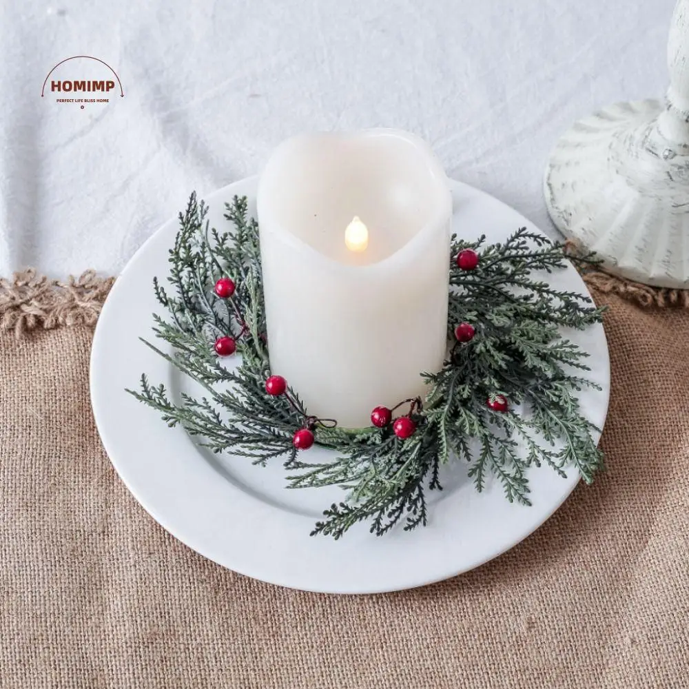 

20cm Christmas Candlestick Wreath DIY Elegant Simulation Pine Branch Handmade Red Berry Candle Wreaths Home Table Party Decor
