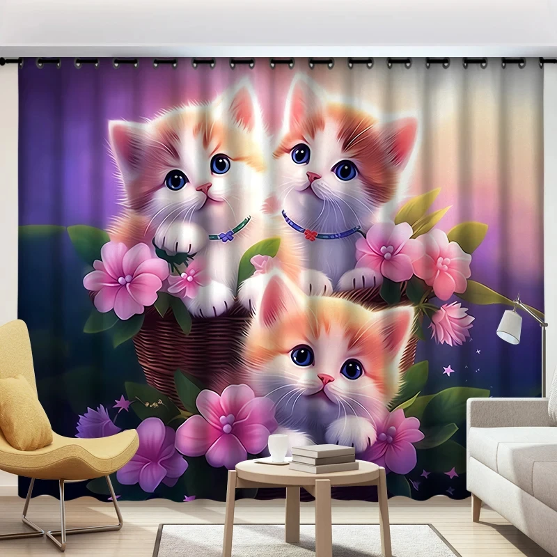 Cute Cat Blackout Curtains Children's Room Bay Window Floor-to-ceiling Window Easy Installation Shading Heat Various Patterns