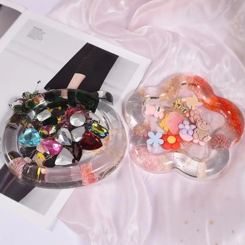 R3MC Gemeotric Love Flowers Bear Storage Tray Mould Silicone Agate Molds Glossy Mirror Molds for Making DIY Crafts