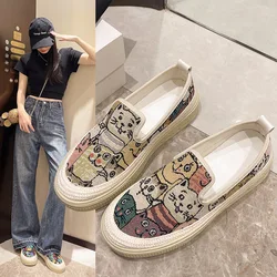 2024 New Platform Shoes for Women Cat Print Canvas Casual Shoes Girl Student Flat Skateboard Shoes Slip-on Loafers