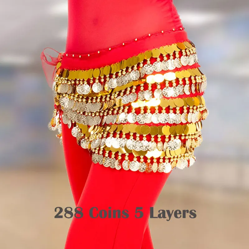 Adult Chiffon Belly Dance Hip Scarf 288 Dangling Coins Yoga Wrap Towel Skirt Stage Costume Belt Dancewear Training Suit Clothing