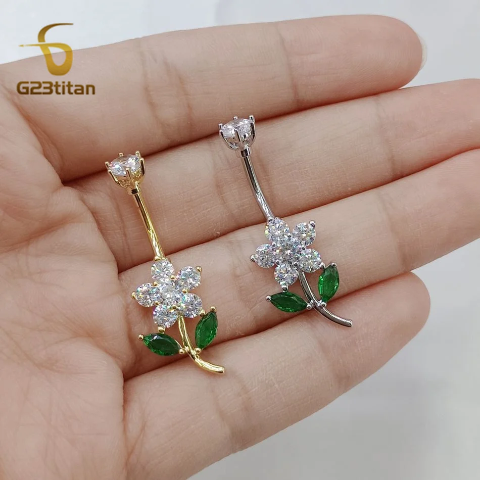 CZ Zircon Flower Belly Button Ring 14G Titanium Bar Anti Allergy Body Piercing Navel Jewelry Women Accessories Gold Silver Color