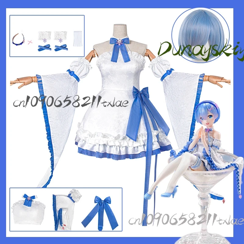 Re Rem คอสเพลย์ชุด - คริสตัลสีฟ้าชุดแม่บ้านวิกผมอะนิเมะ Lolita สไตล์เครื่องแต่งกายสําหรับฤดูร้อน/ฮาโลวีน/Convention ZER0