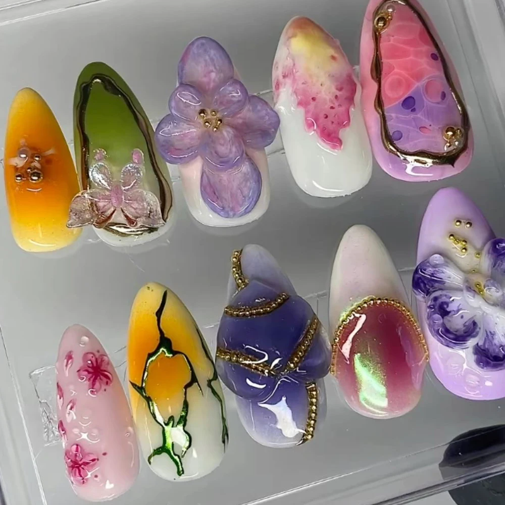 Purple Flowers 3D Handmade Almond Press On Nails Art Love Chain Butterfly High-End Customization Nail Party Sticker Gift