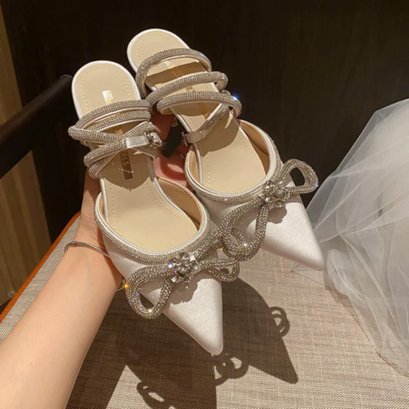 

Baotou High Heel Pointed Sandals 2023 Spring New Fashion Transparent Rhinestone Bow Tie Fairy Style Fine Heel Single Shoes Girl