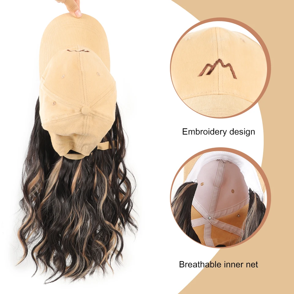 الاصطناعية قبعة بيسبول شعر مستعار الإناث قطعة واحدة قبعة شعر مستعار طويل مجعد يسلط الضوء على شعر مستعار مجعد قبعة الإناث