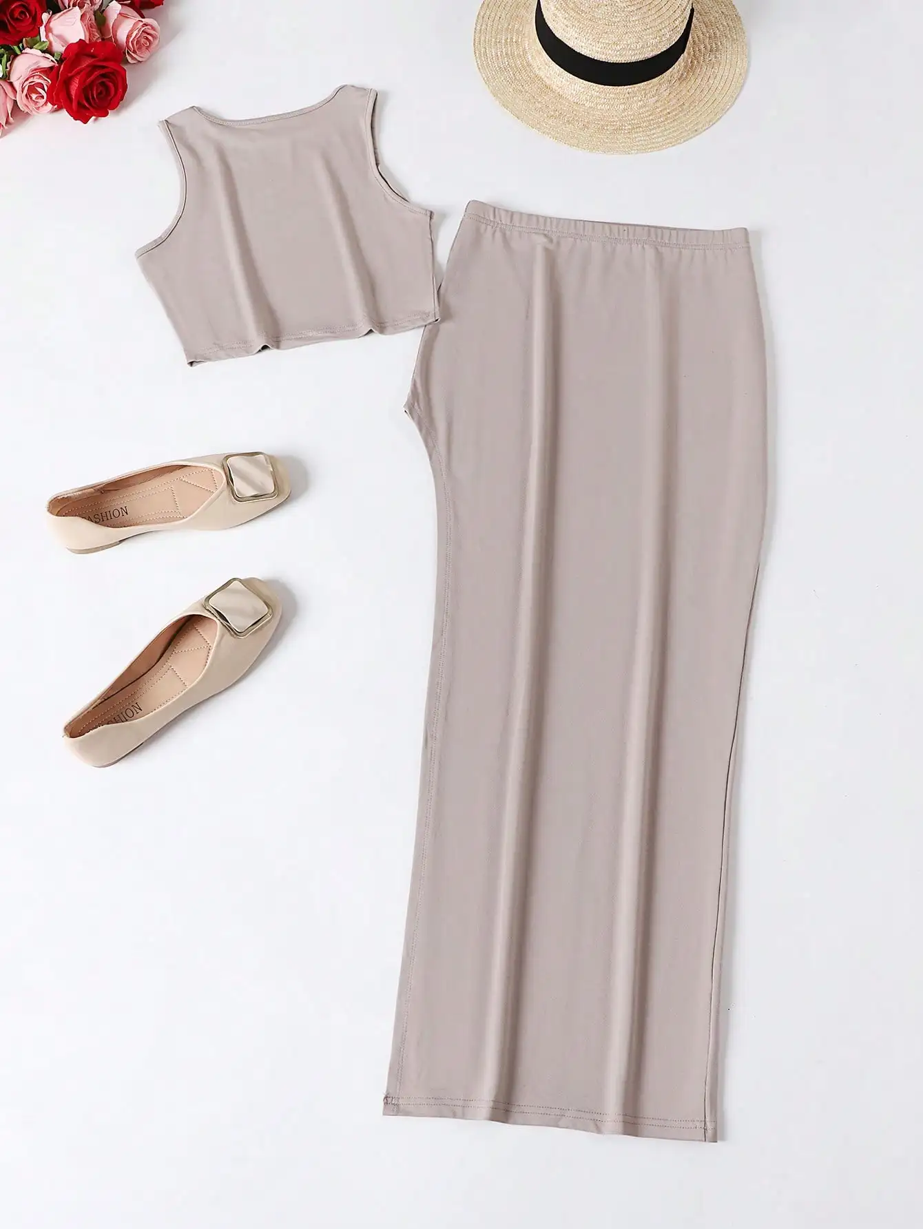 여성 여름 솔리드 컬러 라운드넥 탱크탑과 하이웨이스트 슬릿 미니스커트 섹시 의상 2종