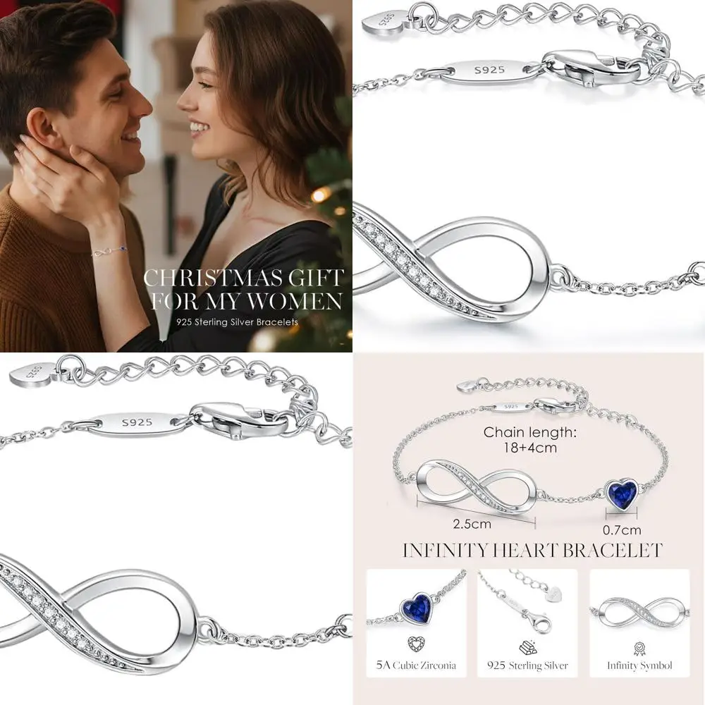 

Sterling Silver Infinity Heart Birthstone Charm Bracelet, Adjustable Women's Jewelry Gift for Special Occasions