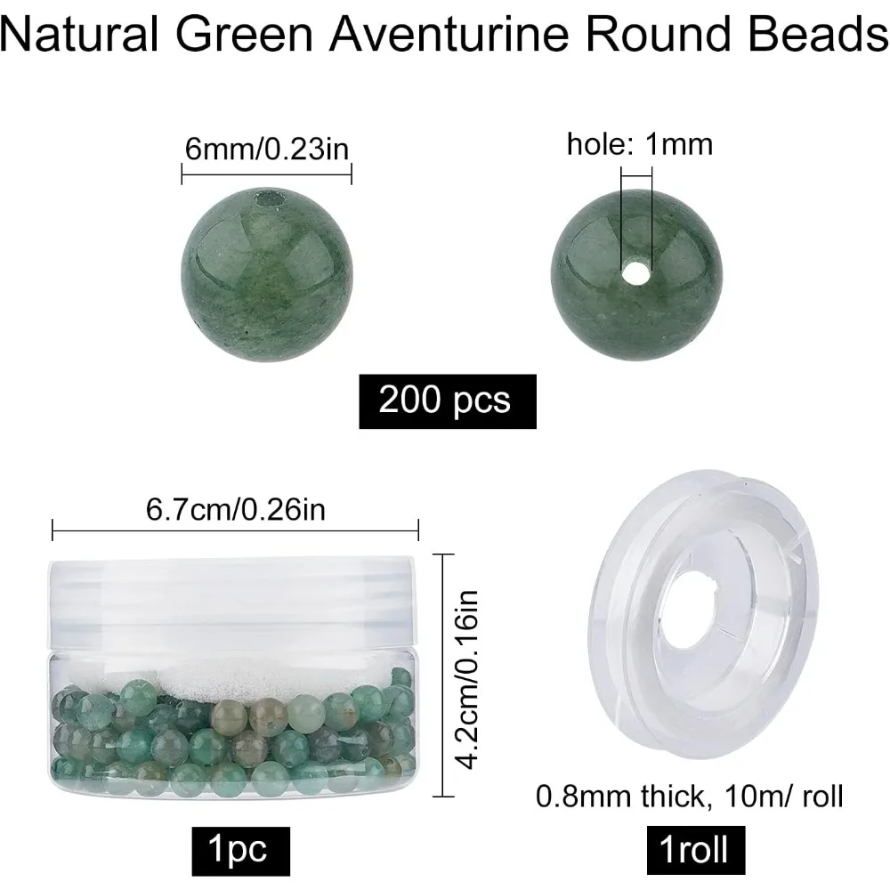 200pcs 6mm Green Aventurine Beads Semi Precious Beads Round Smooth Gemstones Spacer Beads & Elastic Thread & Plastic Bead