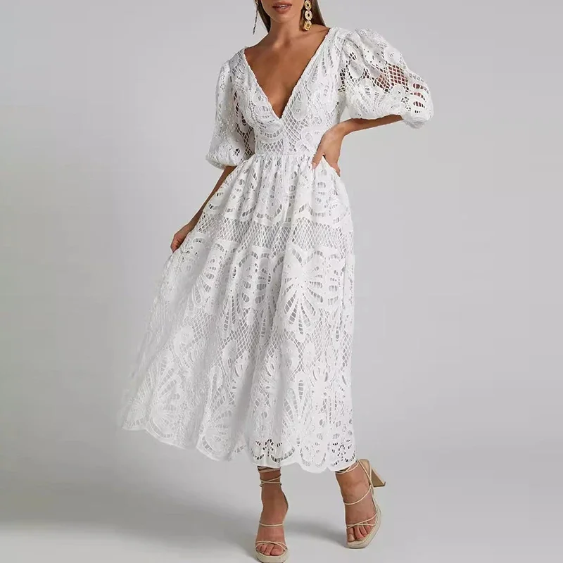 Women Sexy Pleated A-Line Dress Embroidery Retro Puff Short Sleeve Party Dress Temperament V Neck Waist Hollow Lace Long Dress