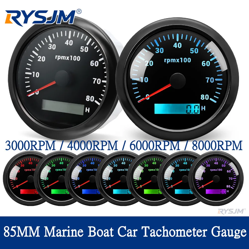 7 Colors Backlights 85mm Auto Marine Tachometer RPM Meter Gauge 3K 4K 6K 7K 8K 8000RPM REV Counter With LCD Hourmeter 12V/24V