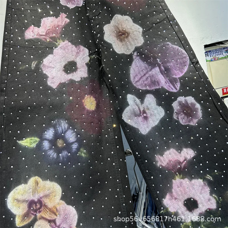 トレンドプリントワイドレッグデニムパンツ レディース 春新作 ハイウエスト フルダイヤモンド ストレートジーンズ モッピングフロア カジュアルパンツ